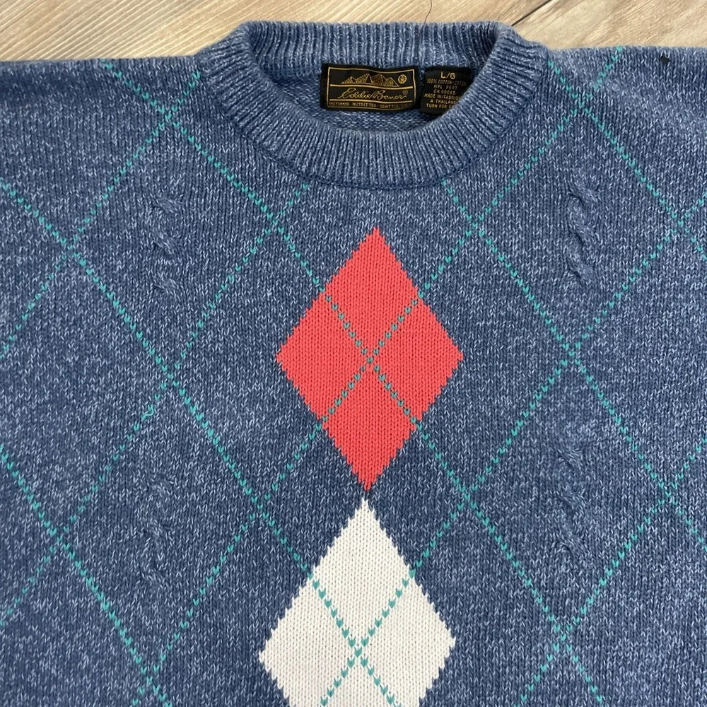 Vintage 90s Eddie Bauer‎ Sweater Men's L Argyle Knit Crewneck Blue Red Diamond - Picture 3 of 4